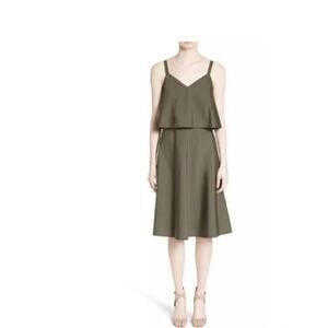 Lafayette 148 NWT Tiered Overlay Dill Olive Green Riri Popover Flare Dress Small